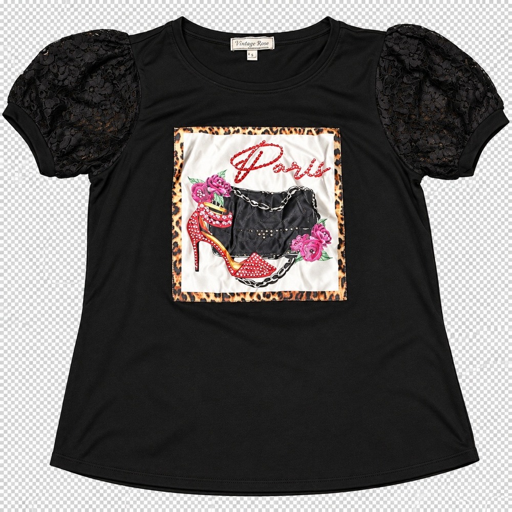 Vintage Rose Paris Graphic Lace Puff Sleeve Top Women Large Black